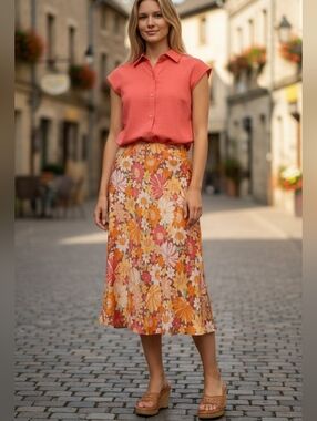 Sienna Sky Satin Floral Midi Skirt in Orange and Pink